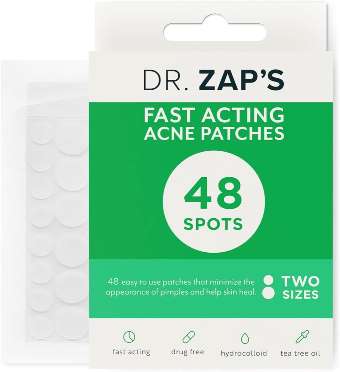The DR. ZAP'S pack: a white hanging card with a green front reading FAST ACTING ACNE PATCHES, a 48 SPOTS roundel, and four marks along the bottom — fast acting, drug free, hydrocolloid and tea tree oil — with the clear blister of patches showing behind it.